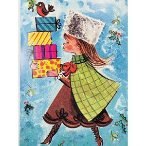 CHRISTMAS & New Year Card Brookline Greeting Blue Girl Presents Robin Vintage